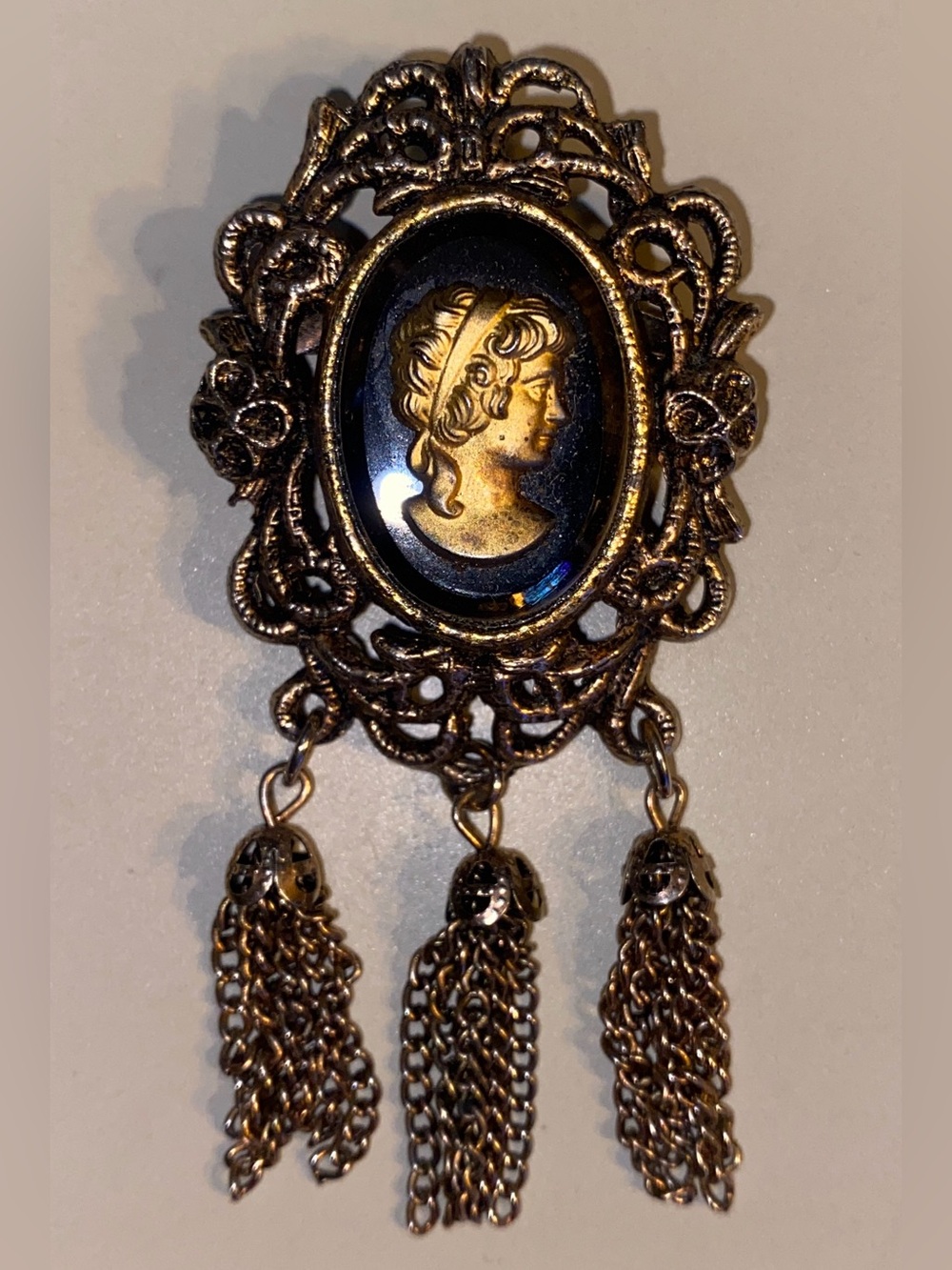 Vintage Victorian Revival Cameo Brooch Gold Tone Black Glass Chain Tassels
